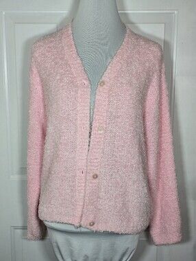 Real Comfort Pink Fuzzy Chenille Cardigan Sweater Long Sleeve Button Medium